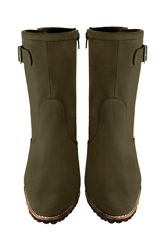 Women's khaki green elegant ankle boots, with buckles on the sides. Round toe. High block heels - Top view